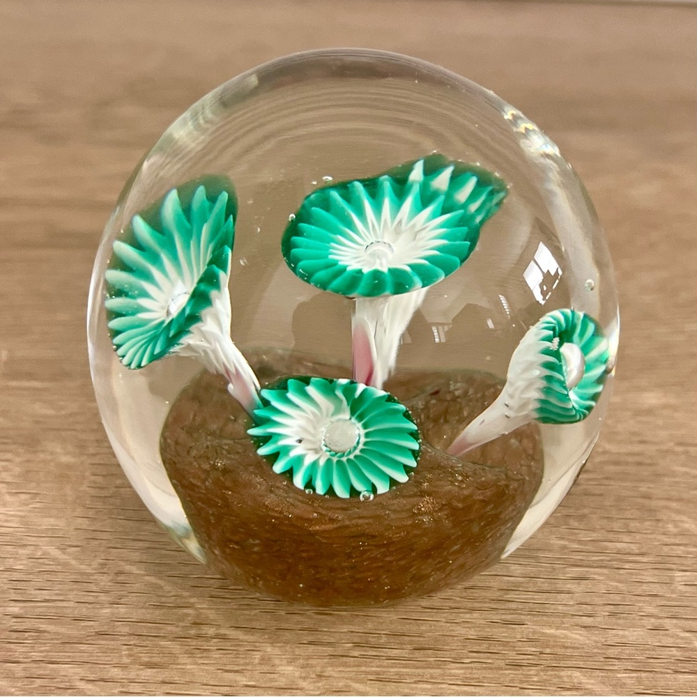 Rare‎ Vintage Golden Crown E & R Italy Murano Art Glass Paperweight Green Flower